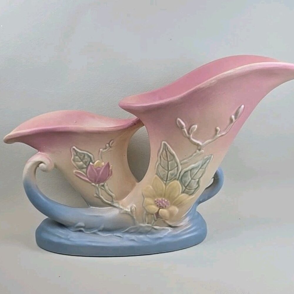 Vintage Hull Art Pottery 1946 MAGNOLIA Pink & Blue 13" Double Cornucopia Vase